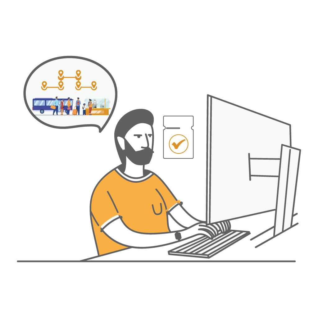 Illustration of a staff member managing intercity bus bookings on a computer