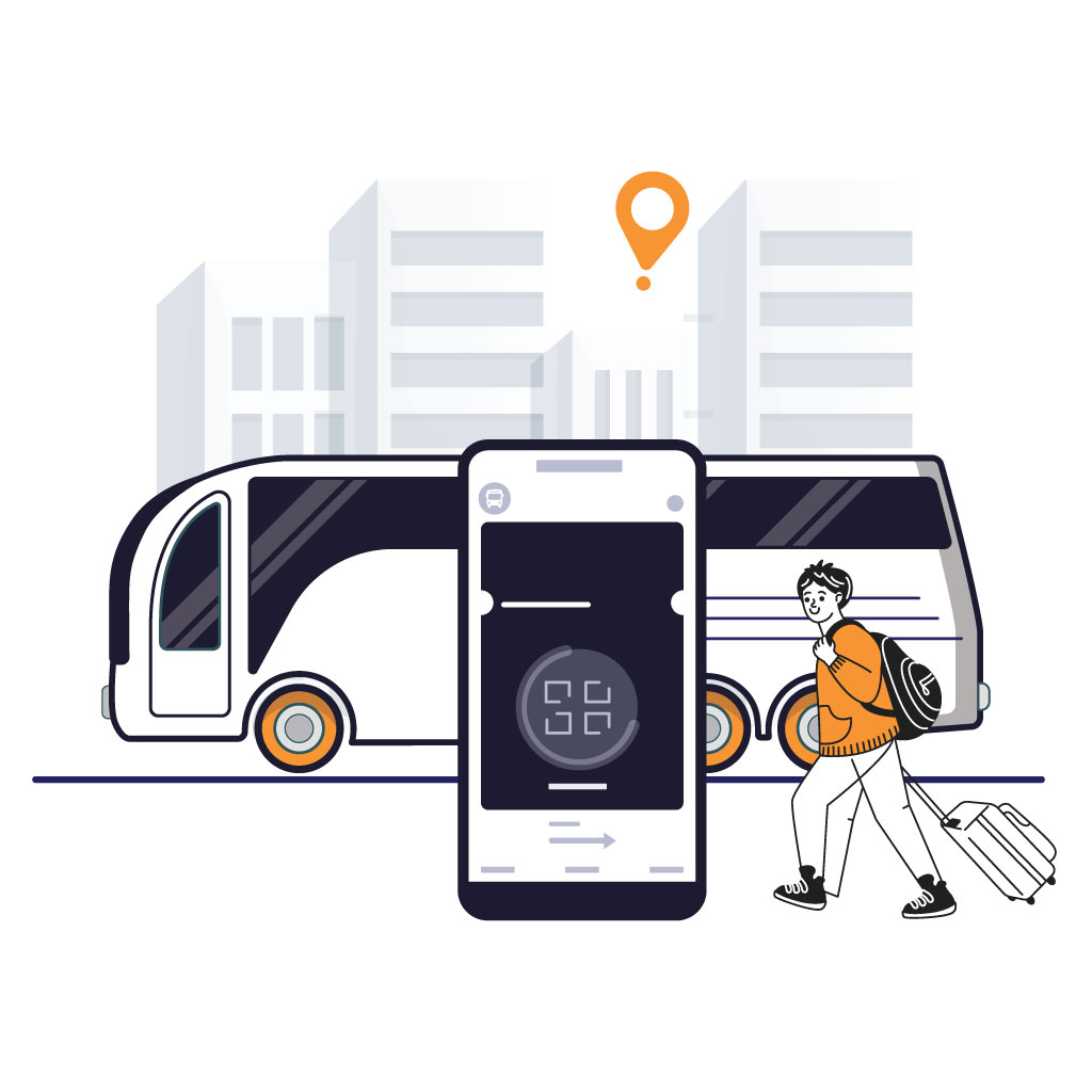 Traveler walking toward a city bus with mobile ticketing and QR code on smartphone screen