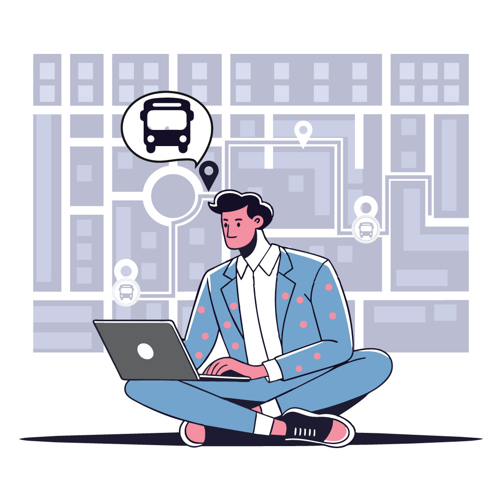 Operators using a laptop manage long-distance bus operations