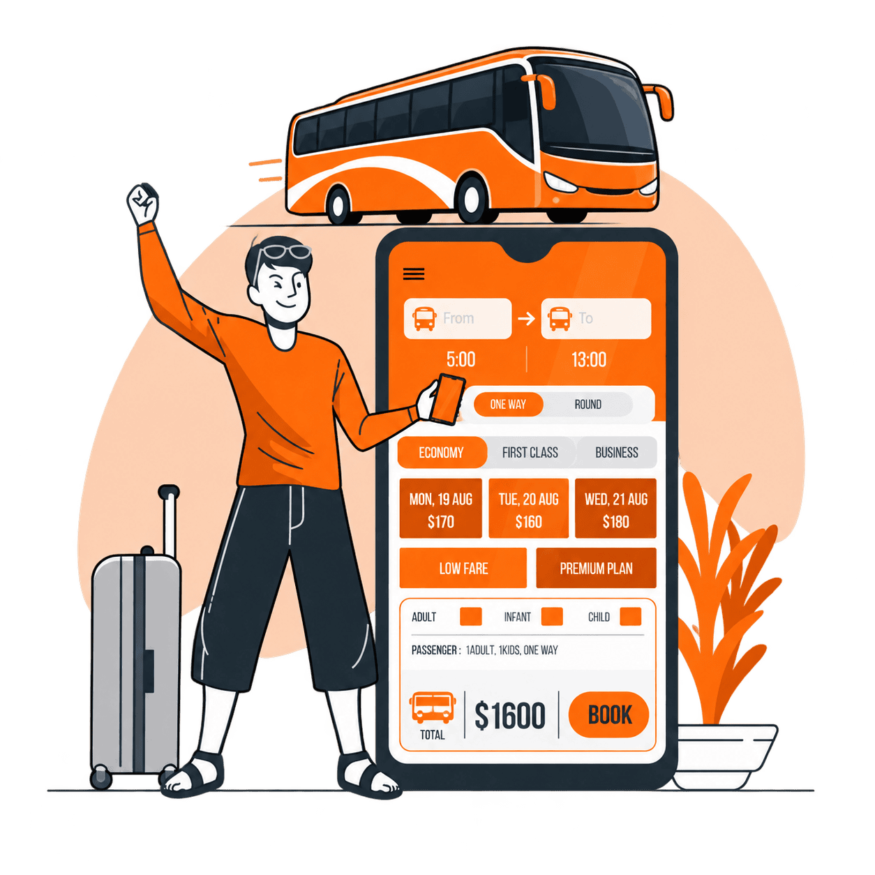 Traveler walking toward a city bus with mobile ticketing and QR code