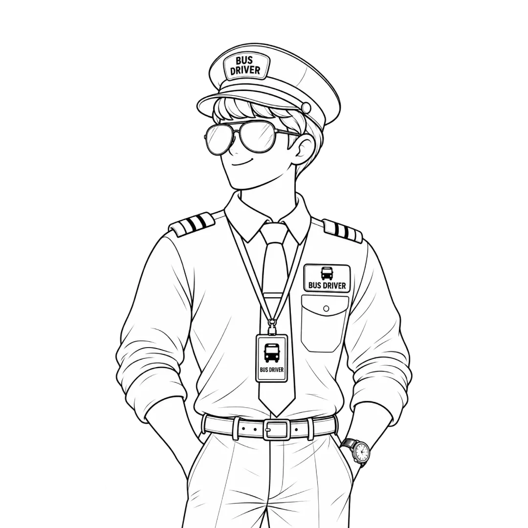 Bus driver in uniform, line-art illustration